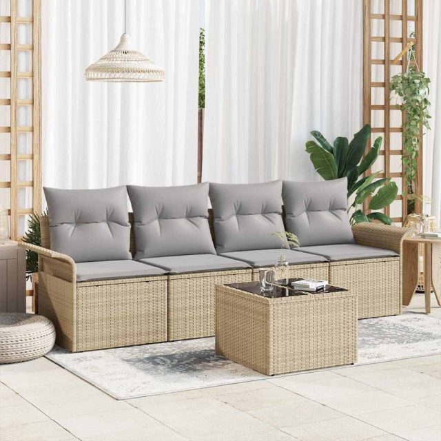 vidaXL Sofa Set mit Kissen 5 pcs Beige Poly-Rattan
