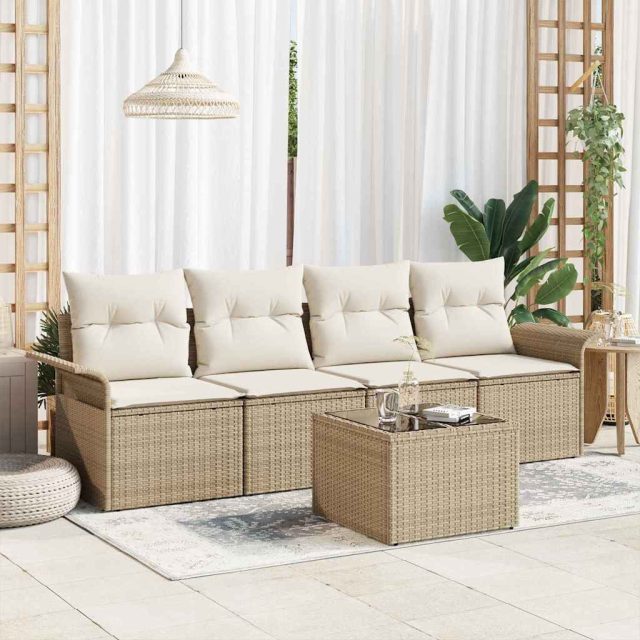 vidaXL Sofa Set mit Kissen 5 pcs Beige Poly-Rattan