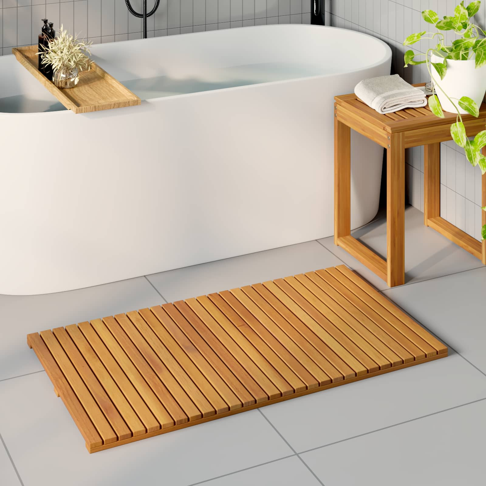 vidaXL Badematte Uni Braun 100 x 55 cm Massives Akazienholz