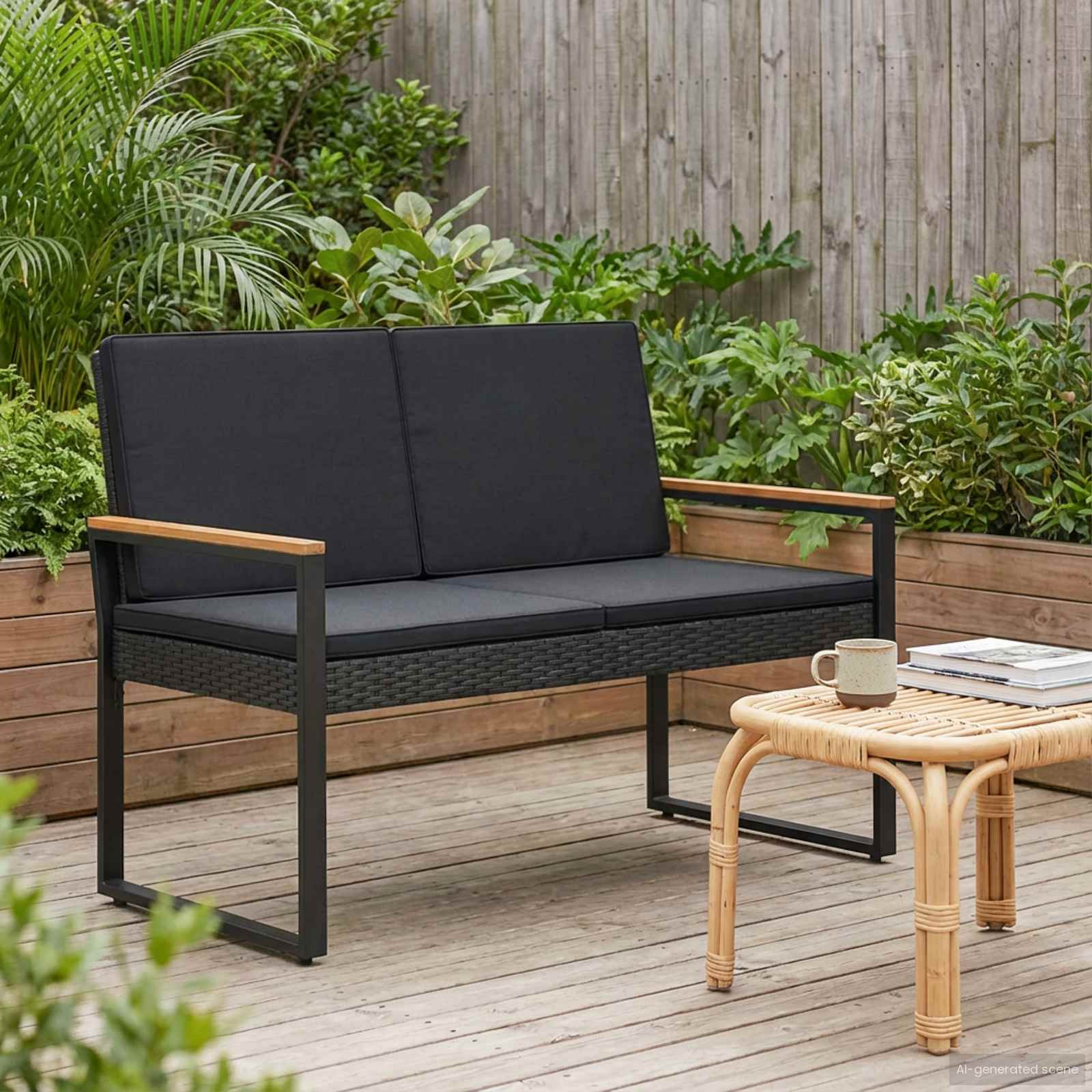 vidaXL Bank Outdoor mit Kissen Schwarz 107 x 61 x 80 cm Poly-Rattan