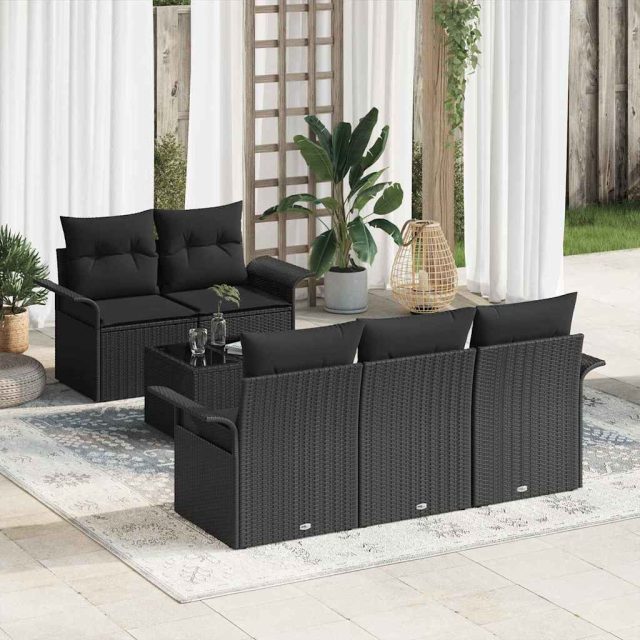 vidaXL Sofa Set mit Kissen 6 pcs Schwarz Poly-Rattan