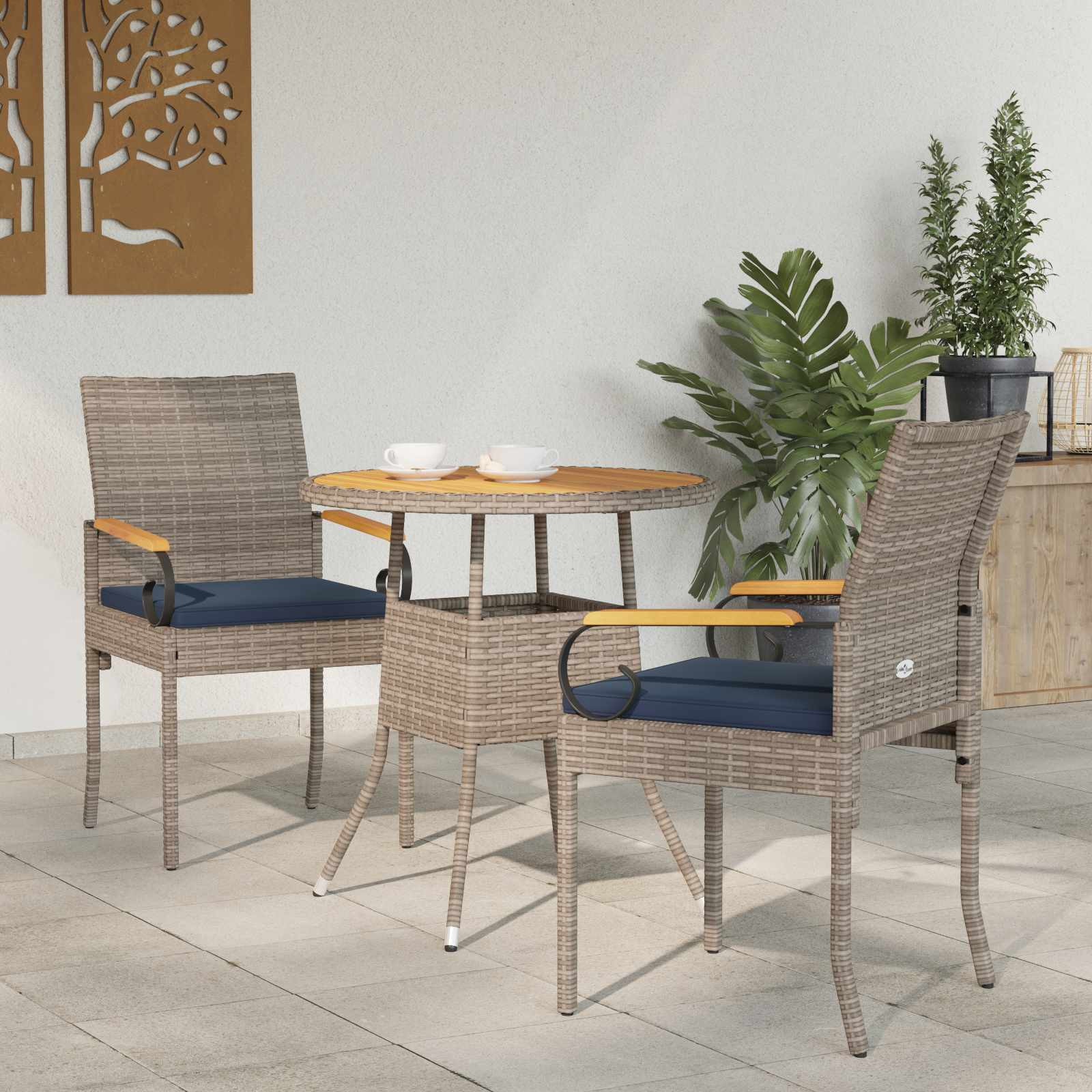 vidaXL Gartenstühle 2 pcs Grau und Marineblau Poly-Rattan und Akazie