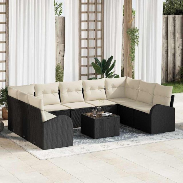 vidaXL Sofa Set mit Kissen 10 pcs Schwarz Poly Rattan