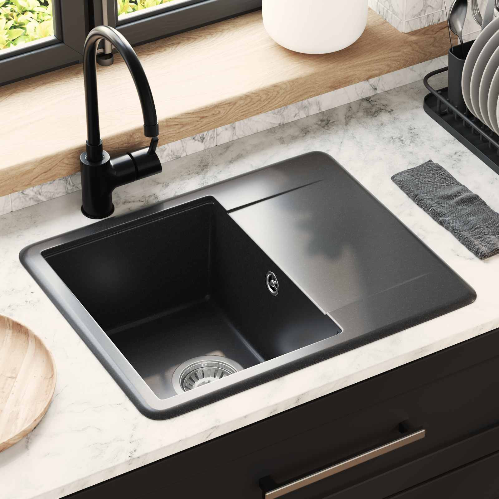 vidaXL Waschbecken Schwarz 560 x 460 mm 80% Quarz und 20% Harz