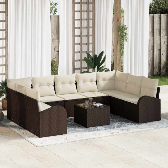 vidaXL Sofa Set mit Kissen 10 pcs Braun Poly Rattan