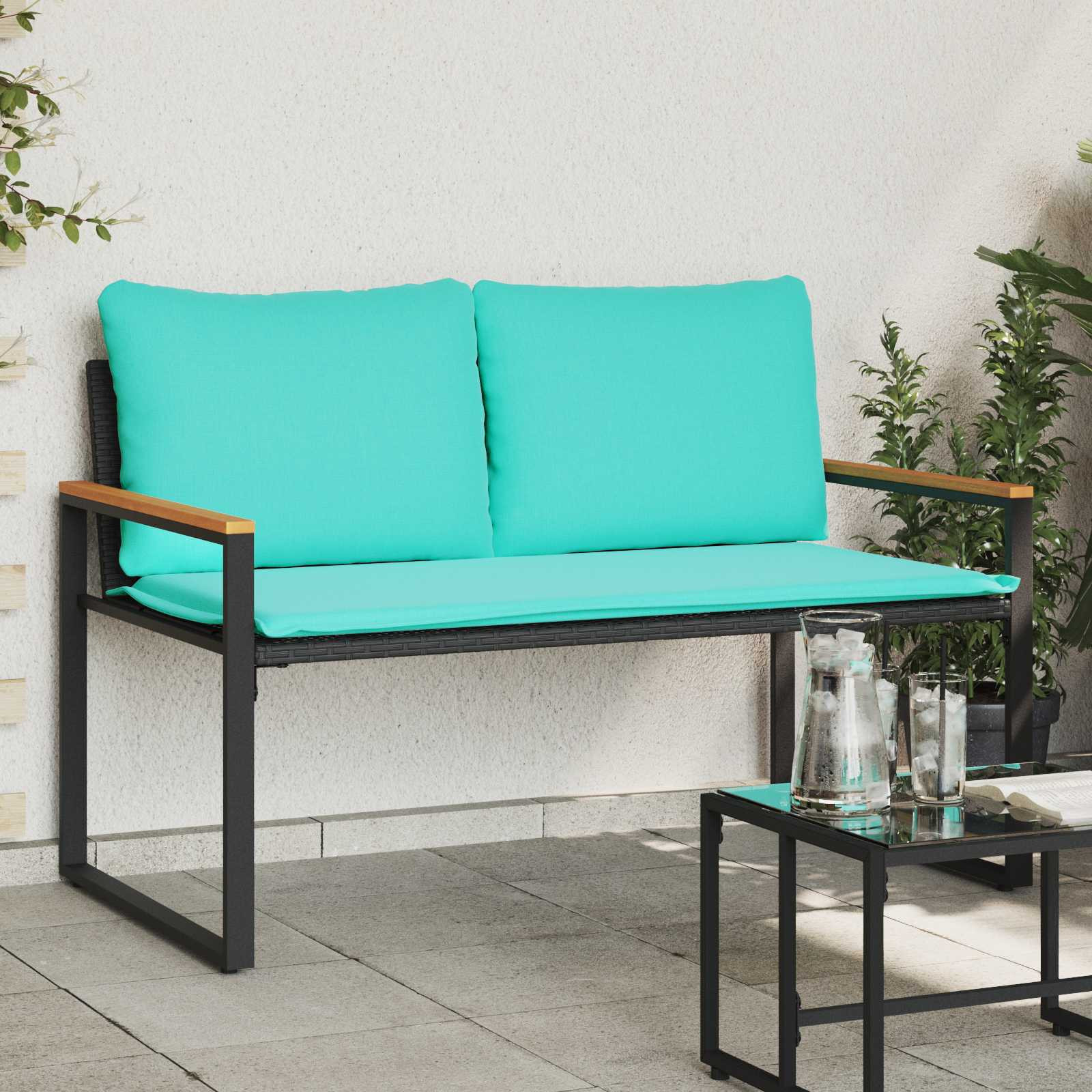 vidaXL Bank mit Kissen Schwarz und Türkis 115 x 65 x 72 cm Rattan