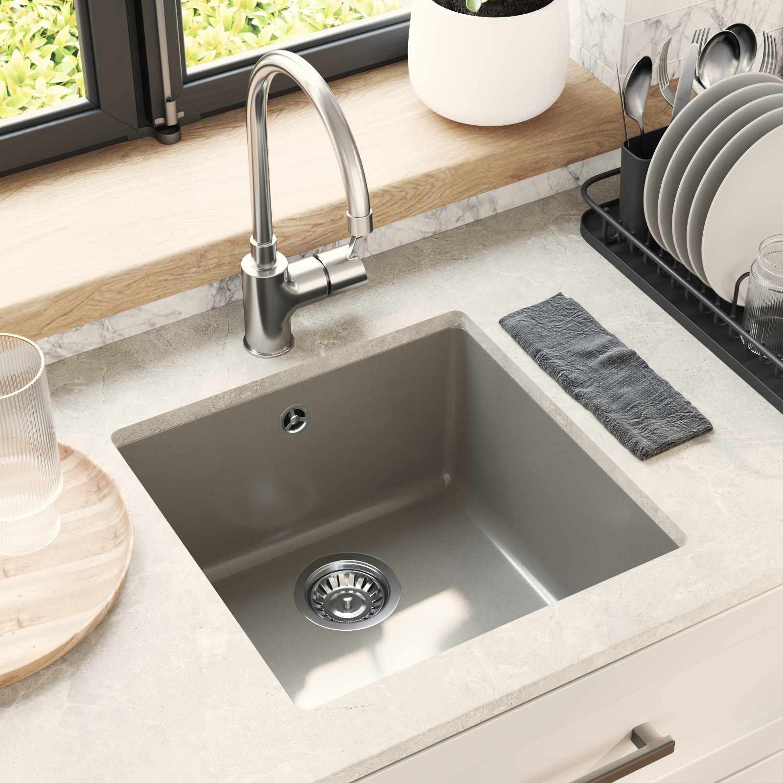 vidaXL Waschbecken Grau 430 x 460 mm 80% Quarz und 20% Harz