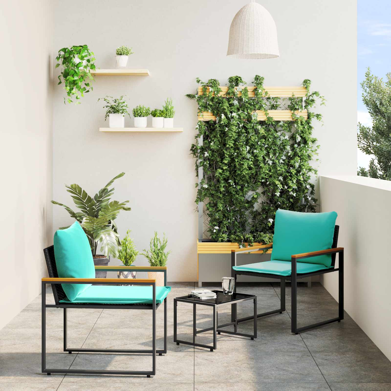 vidaXL Möbelsets mit Kissen 3 pcs Schwarz und Türkis Rattan