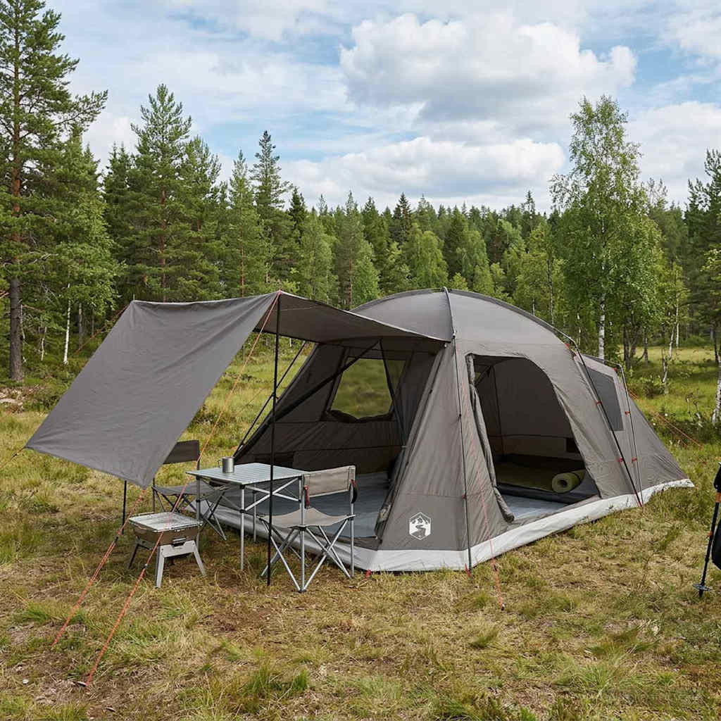 vidaXL Hütten-Zelt mit Dach Braun grau 12-Personen Polyester und Stahl