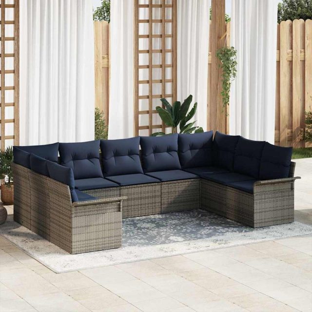 vidaXL Gartensofa-set mit Kissen 9 pcs Grau Poly-Rattan