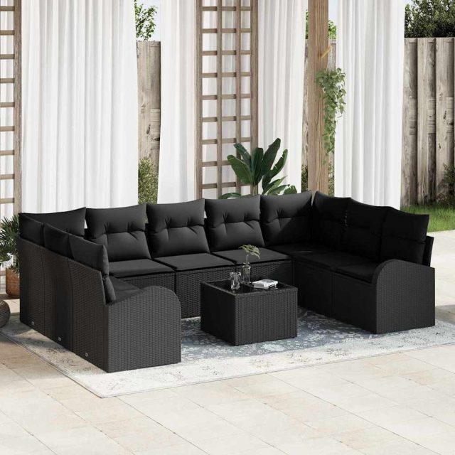 vidaXL Sofa Set mit Kissen 10 pcs Schwarz Poly Rattan