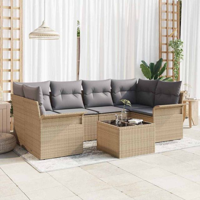 vidaXL Gartensofa-set mit Kissen 7 pcs Beige Poly-Rattan