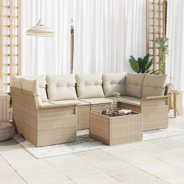 vidaXL Gartensofa-set mit Kissen 7 pcs Beige Poly-Rattan