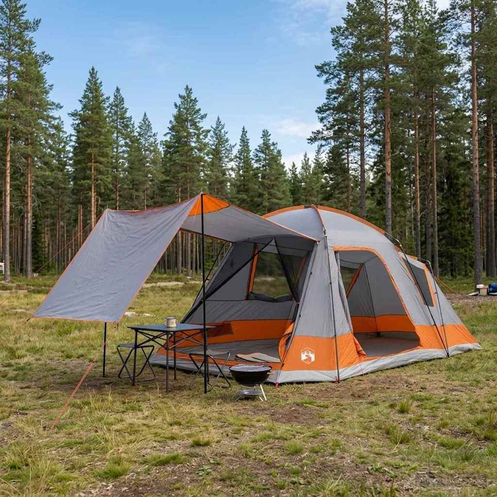 vidaXL Hütten-Zelt Grau und Orange 12-Personen Polyester und Stahl