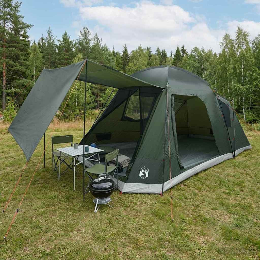 vidaXL Hütten-Zelt mit Dach Armeegrün 8-Personen Polyester und Stahl