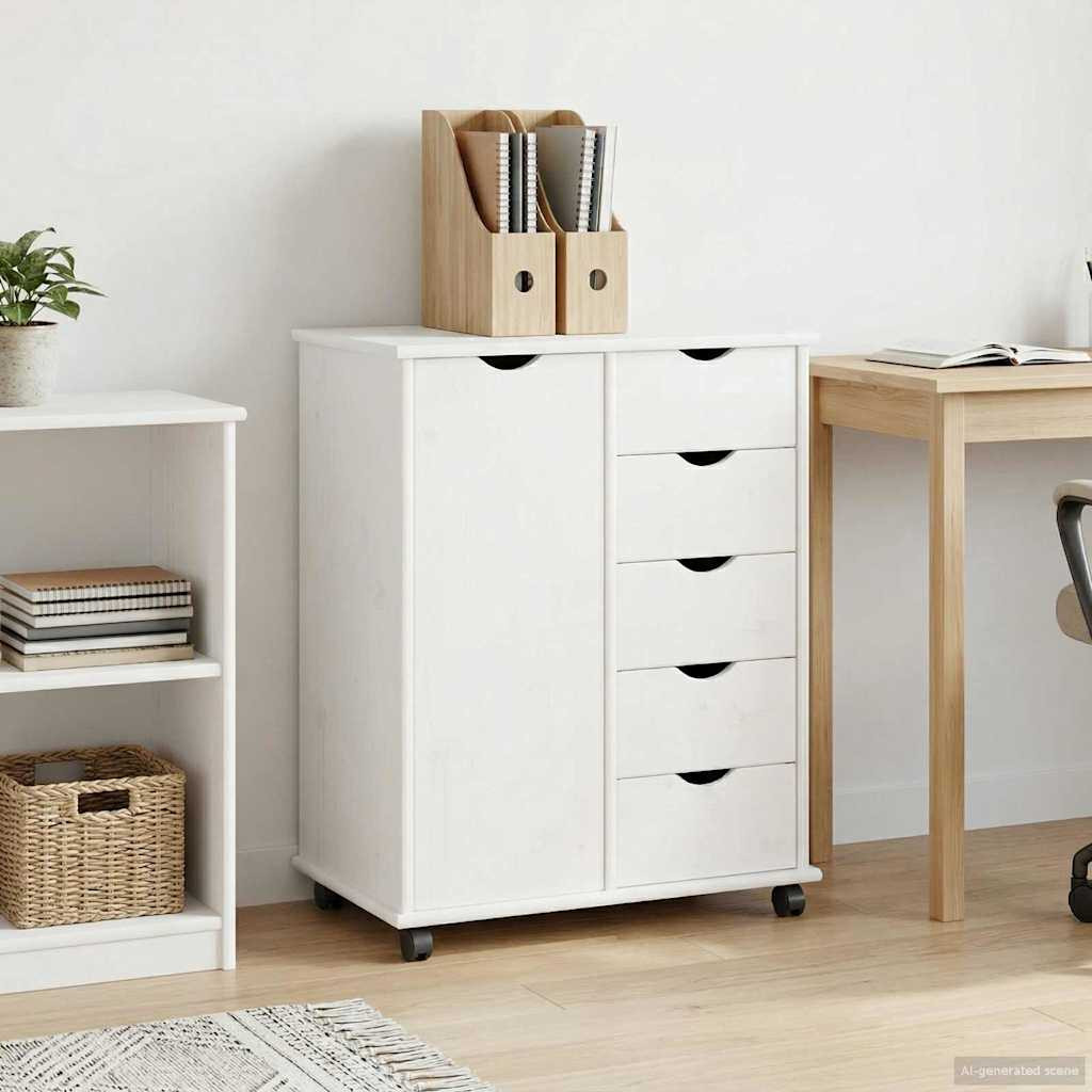 vidaXL Rollschrank Mit Rad Weiß 63,5 x 39 x 79 cm Massivholz Kiefer