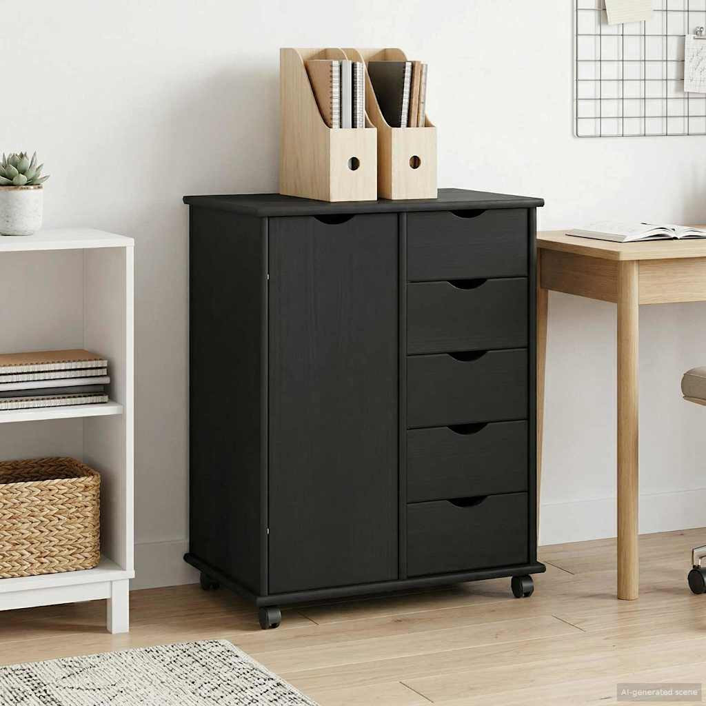 vidaXL Rollschrank Mit Rad Schwarz 63,5 x 39 x 79 cm Massivholz Kiefer