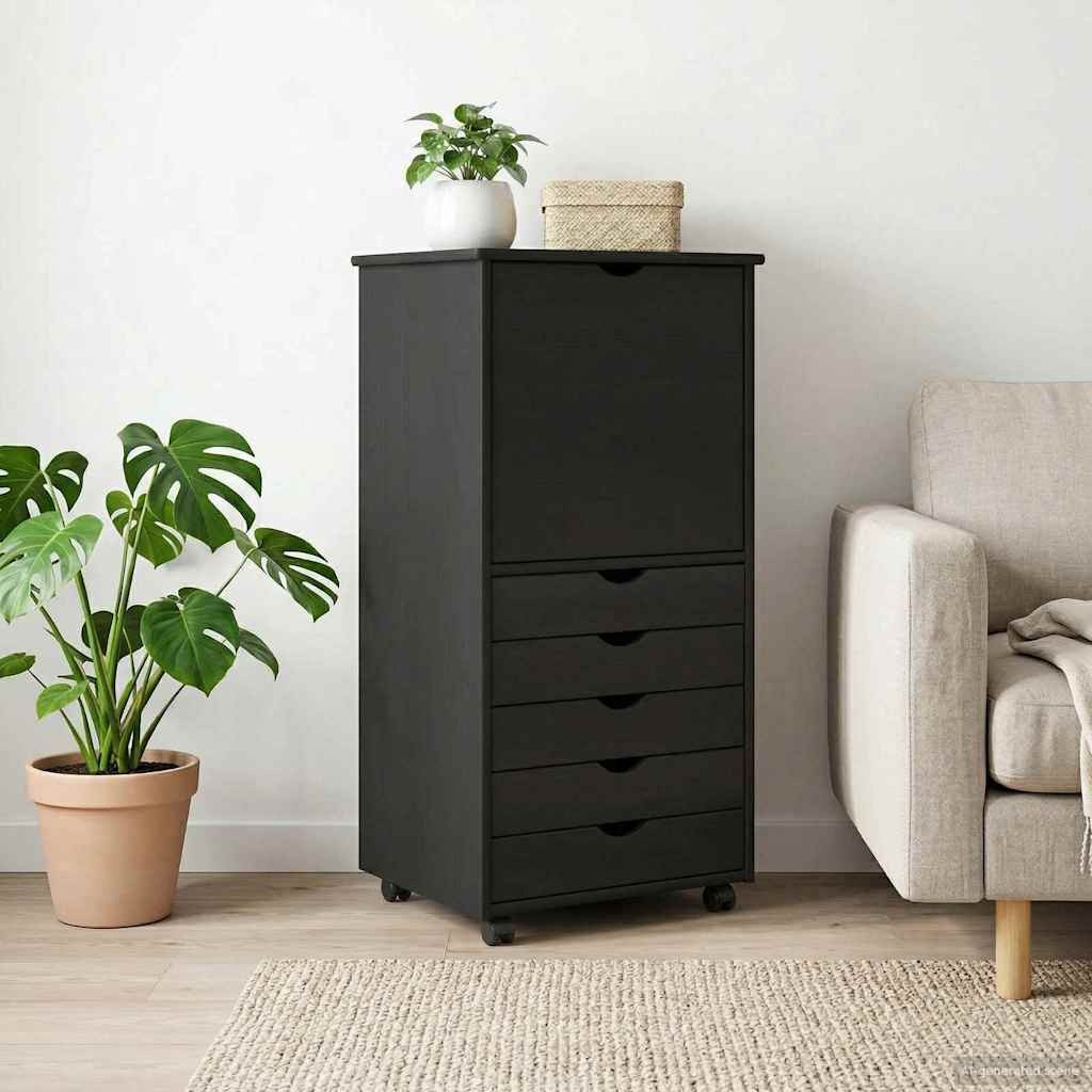 vidaXL Rollschrank Mit Rad Schwarz 53 x 39 x 103 cm Massivholz Kiefer