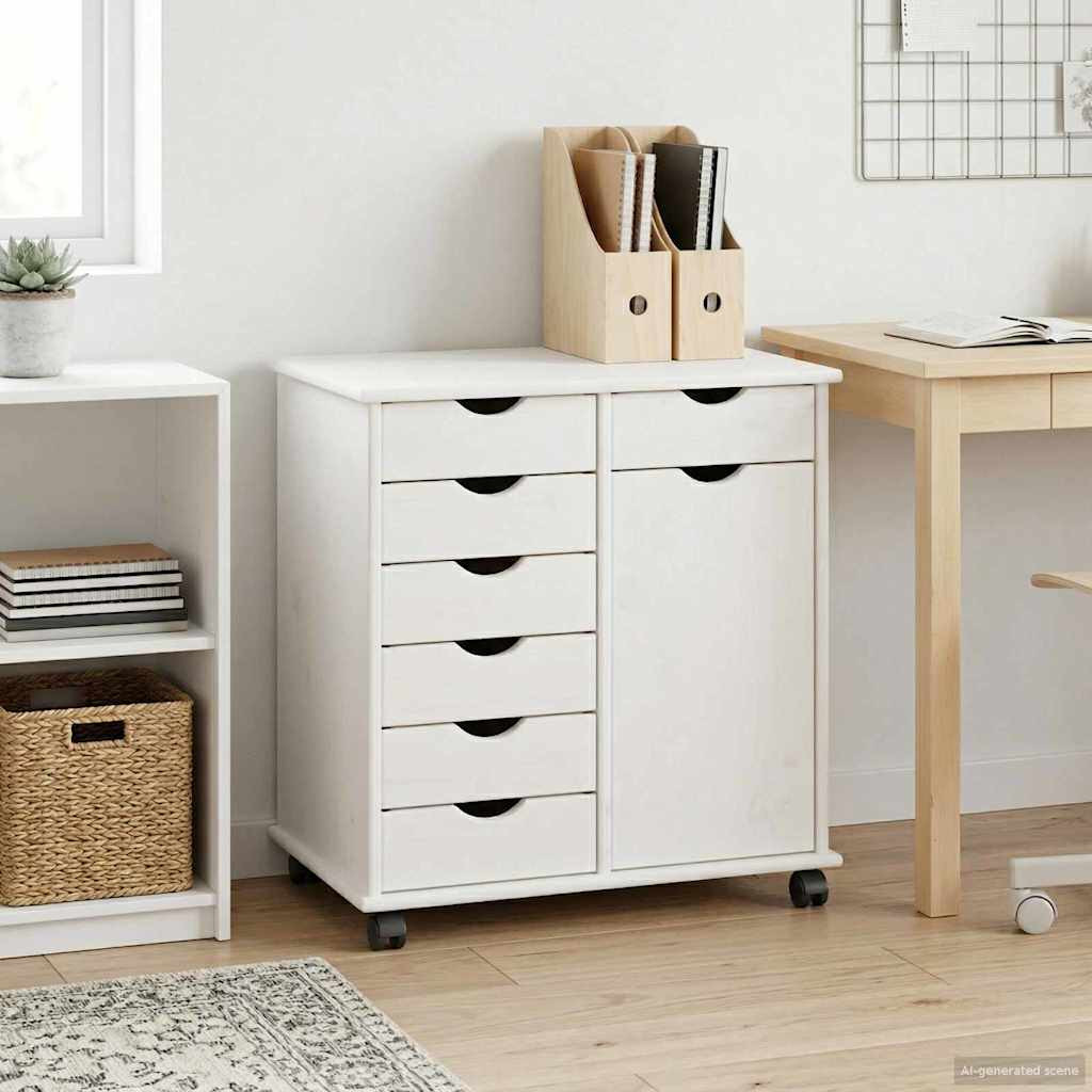 vidaXL Rollschrank Mit Rad Weiß 63,5 x 39 x 65,5 cm Massivholz Kiefer