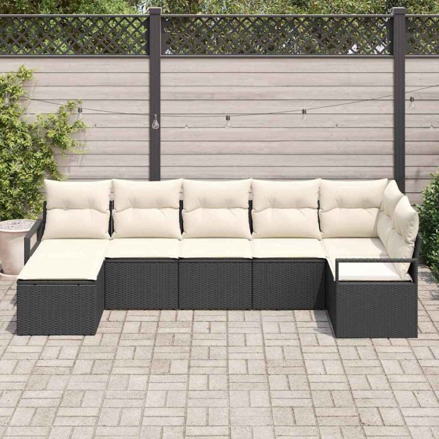 vidaXL Sofa Set mit Kissen 7 pcs Schwarz Poly Rattan