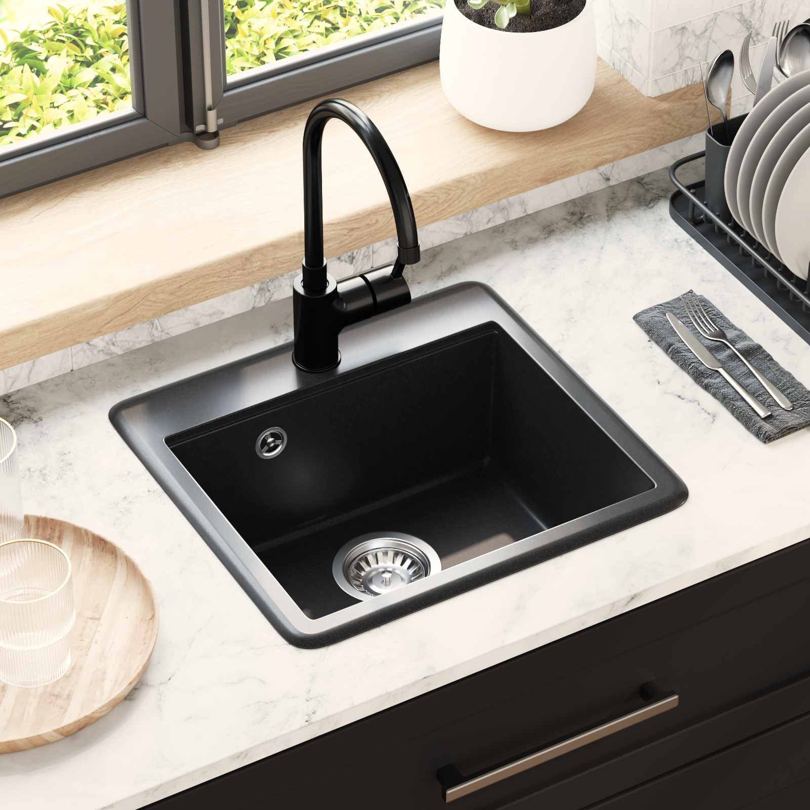 vidaXL Waschbecken Schwarz 470 x 440 mm Granit