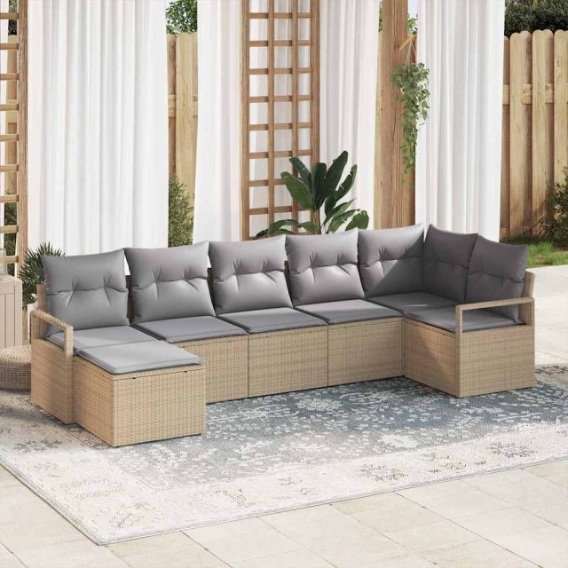 vidaXL Sofa Set mit Kissen 7 pcs Beige Poly Rattan