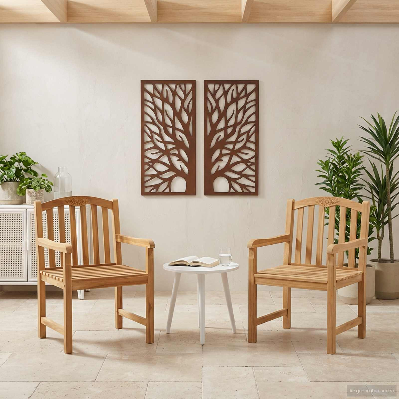 vidaXL Handgeschnitzter Rosenstuhl 2 pcs Natur Massivholz Teak