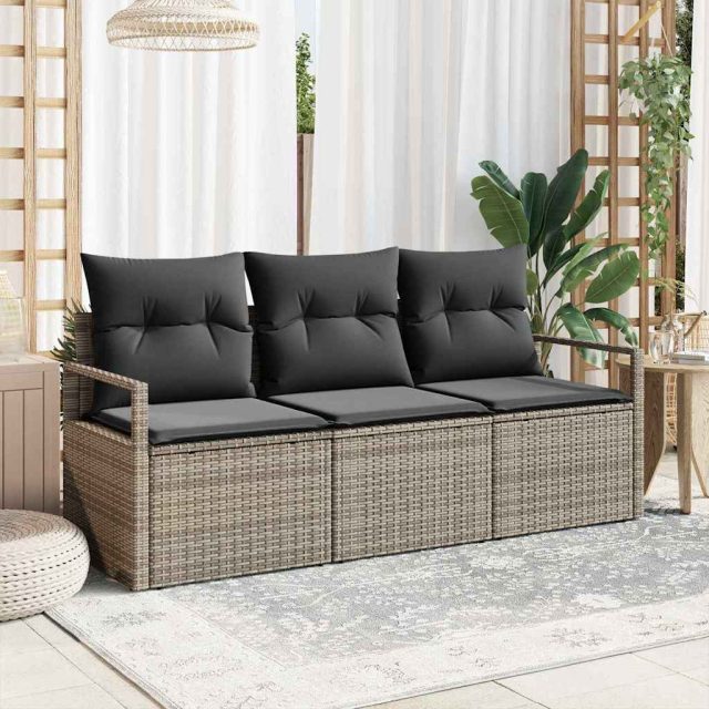 vidaXL Sofa Set mit Kissen 3 pcs Grau Poly Rattan