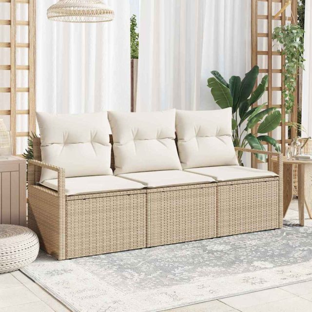 vidaXL Sofa Set mit Kissen 3 pcs Beige Poly Rattan