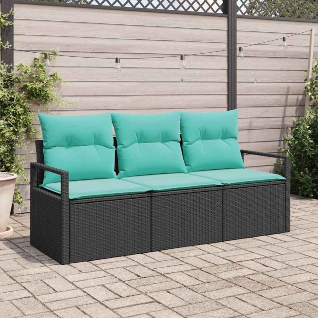 vidaXL Sofa Set mit Kissen 3 pcs Schwarz Poly Rattan
