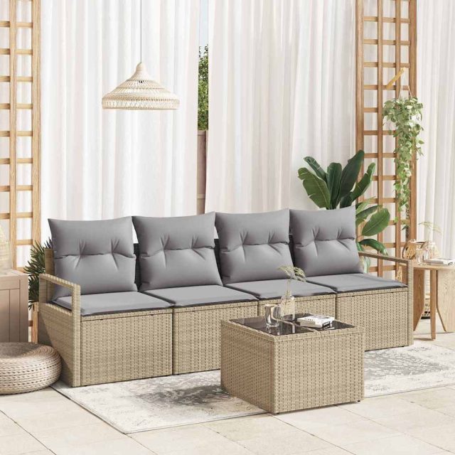 vidaXL Sofa Set mit Kissen 5 pcs Beige und Grau Poly Rattan