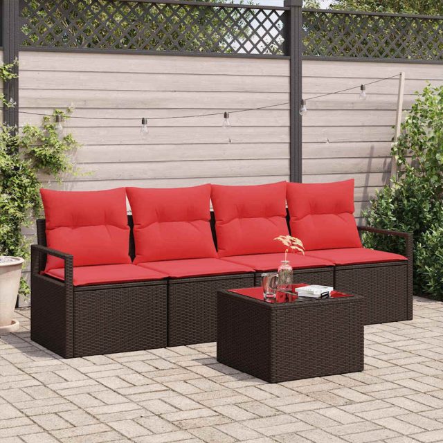 vidaXL Sofa Set 5 pcs Braun und Rot Poly-Rattan