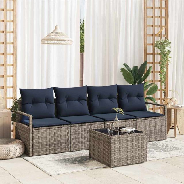 vidaXL Sofa Set 5 pcs Grau und Blau Poly-Rattan
