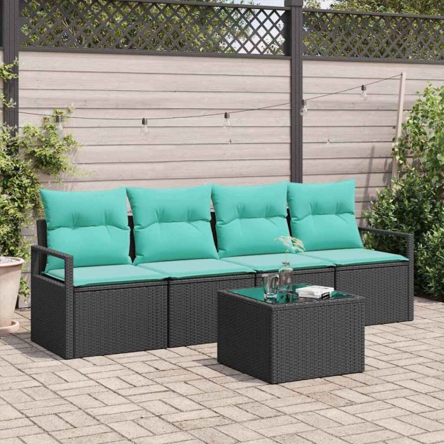 vidaXL Sofa Set 5 pcs Schwarz und Türkis Poly-Rattan