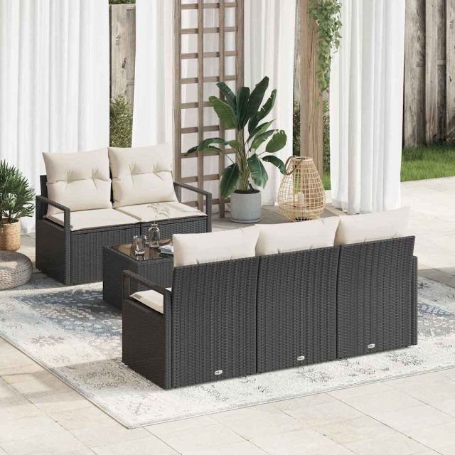 vidaXL Sofa Set mit Kissen 6 pcs Schwarz und Creme Poly Rattan