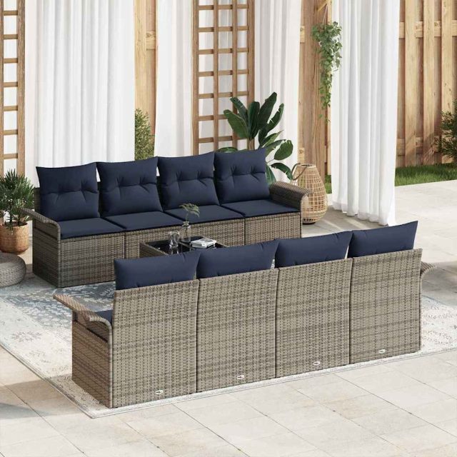 vidaXL Gartensofa-set mit Kissen 9 pcs Grau Poly-Rattan
