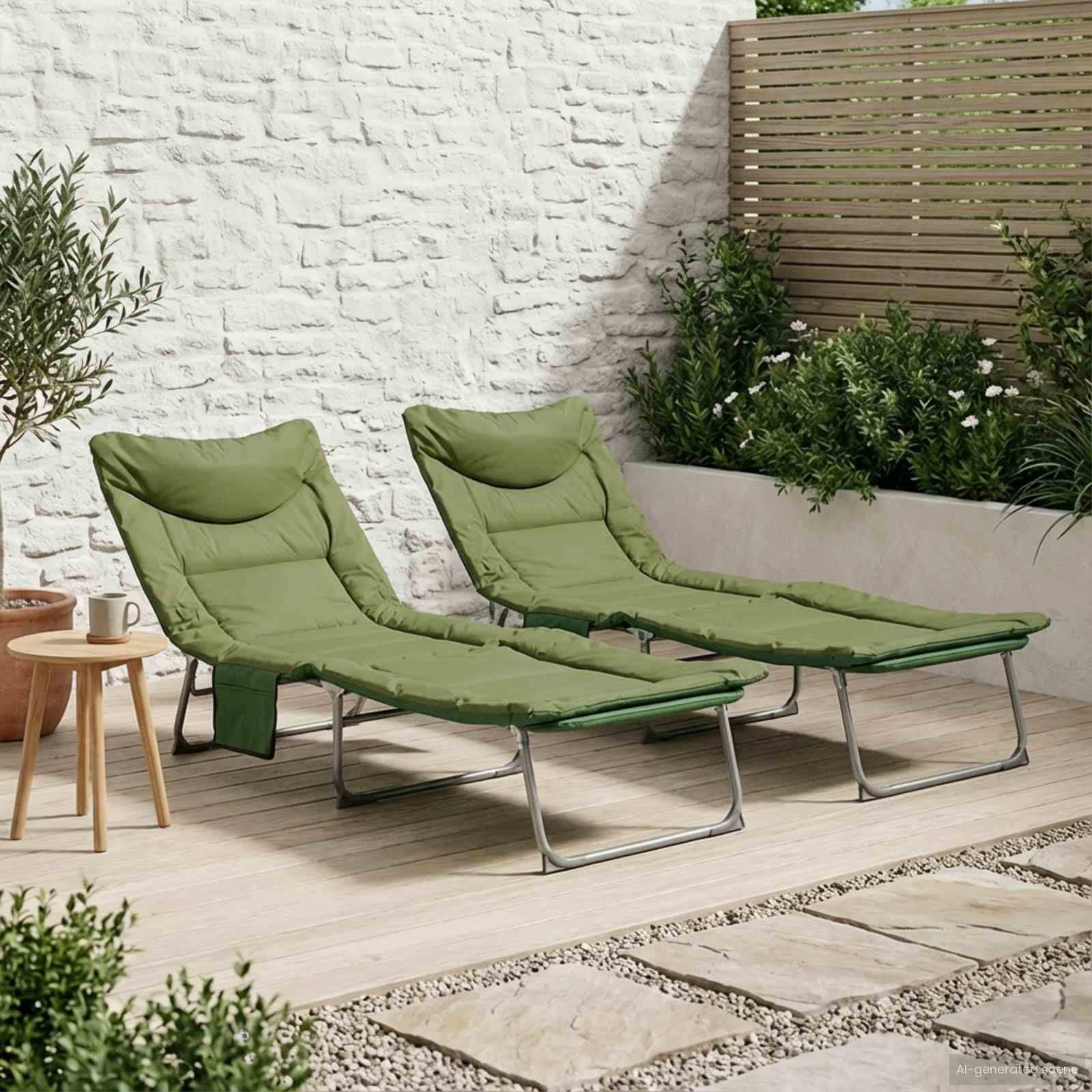vidaXL Klappbare Sonnenliege mit Kissen 2 pcs Dunkelgrün