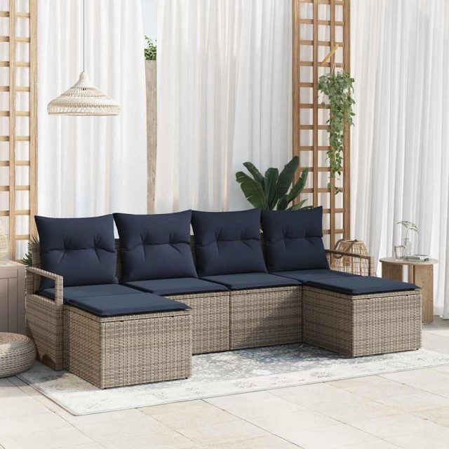 vidaXL Sofa Set mit Kissen 6 pcs Grau Poly Rattan