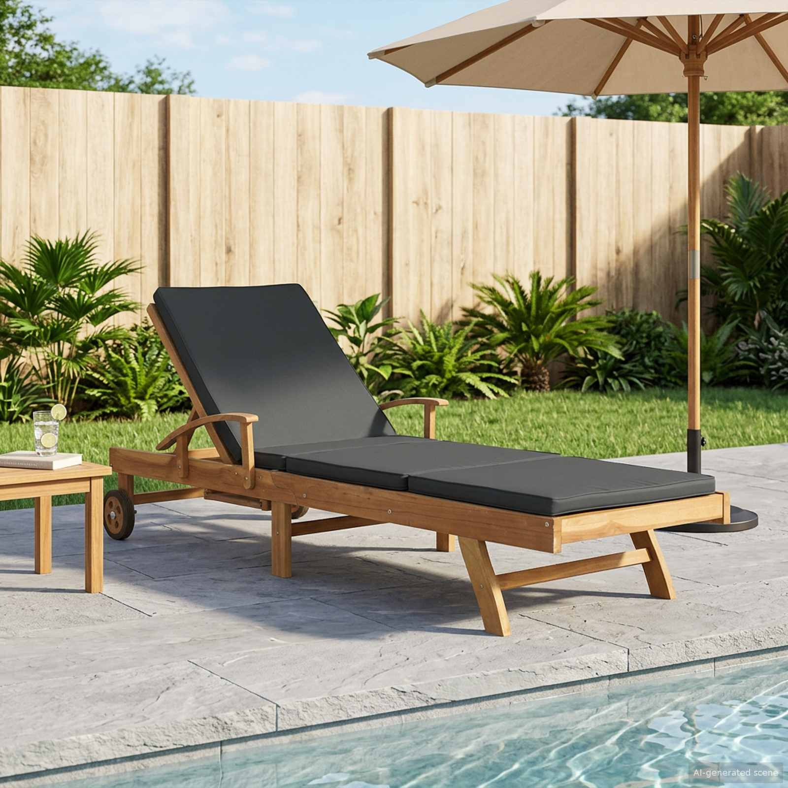 vidaXL Sonnenliege mit Kissen Massivholz Teak Braun und Dunkelgrau