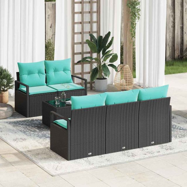 vidaXL Sofa Set mit Kissen 6 pcs Schwarz und Türkis Poly Rattan