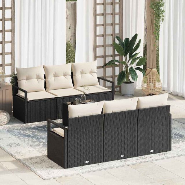 vidaXL Sofa Set mit Kissen 7 pcs Schwarz und Creme Poly Rattan