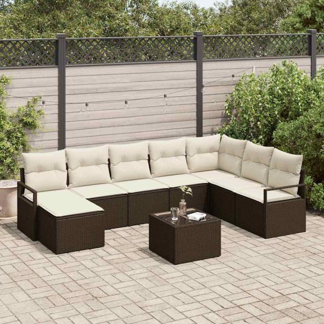 vidaXL Sofa Set mit Kissen 9 pcs Braun Poly Rattan