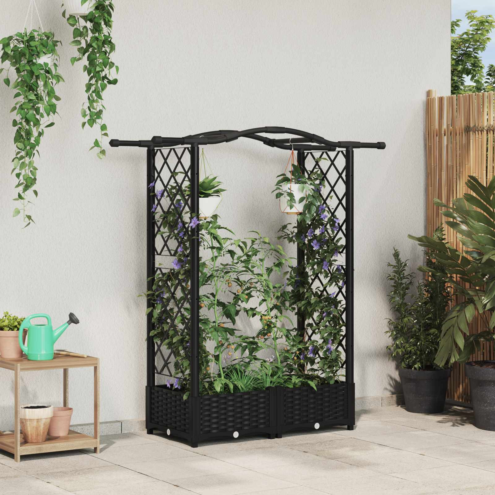 vidaXL Hochbeet mit Rankgitter und Dach Schwarz 124 x 40 x 123 cm PP