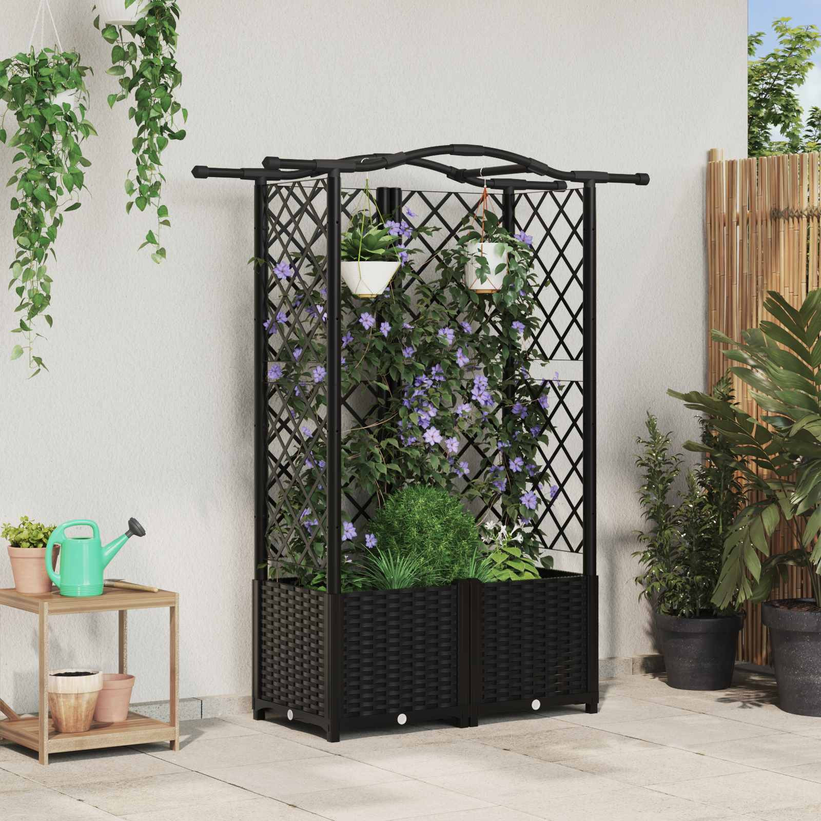 vidaXL Hochbeet mit Rankgitter und Dach Schwarz 122 x 40 x 138 cm PP