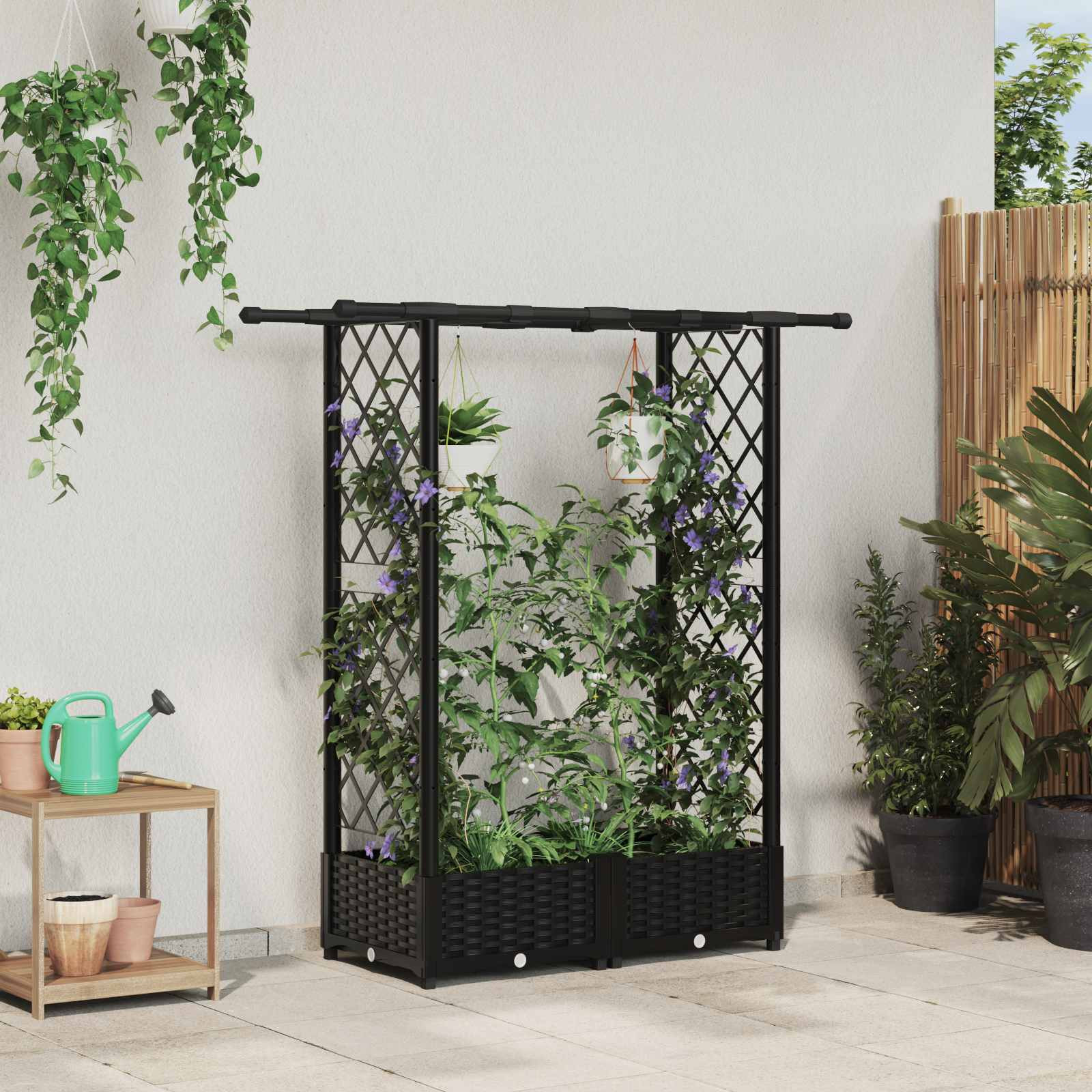 vidaXL Hochbeet mit Rankgitter und Dach Schwarz 122,5 x 40 x 121 cm PP