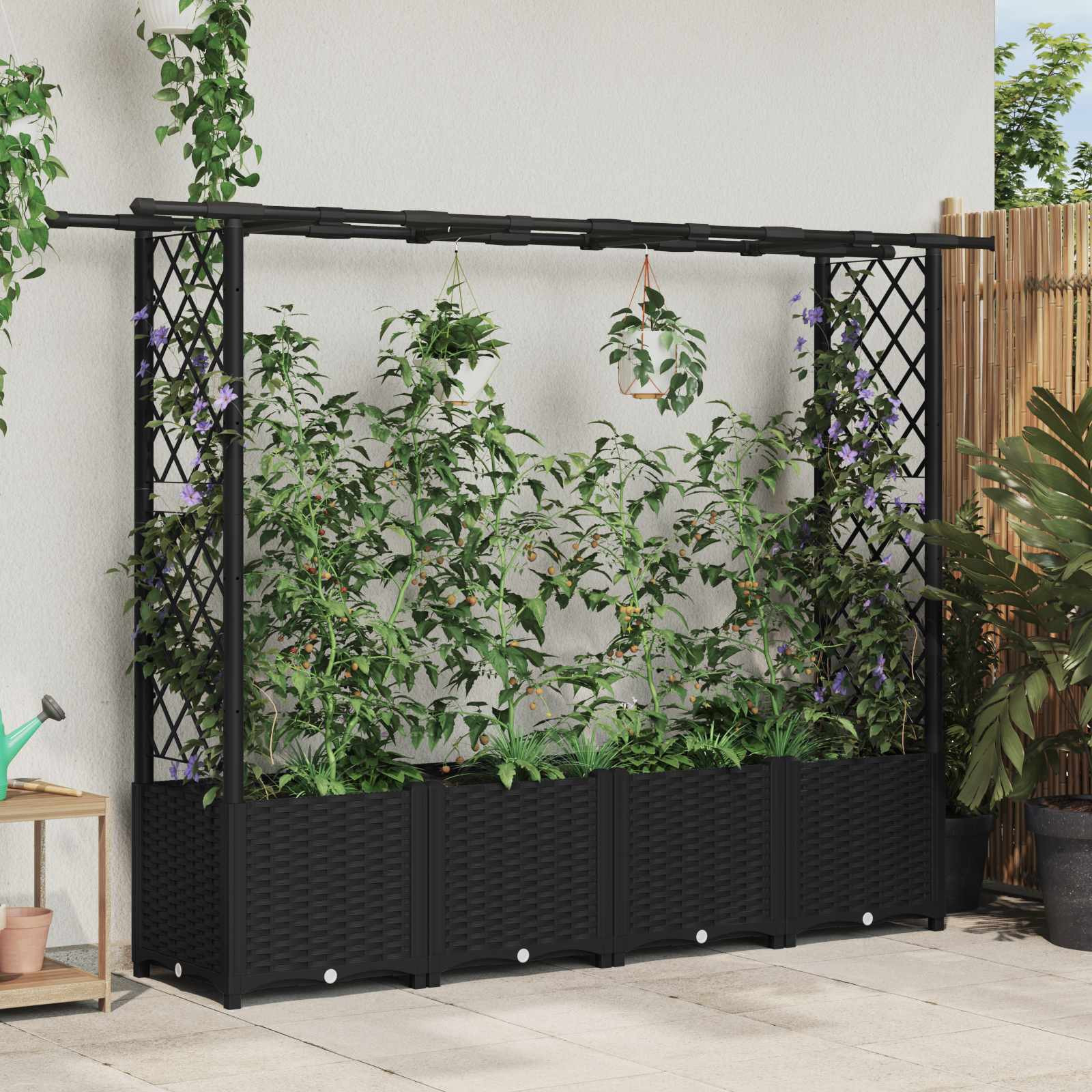 vidaXL Hochbeet mit Rankgitter und Dach Schwarz 203 x 40 x 136 cm PP