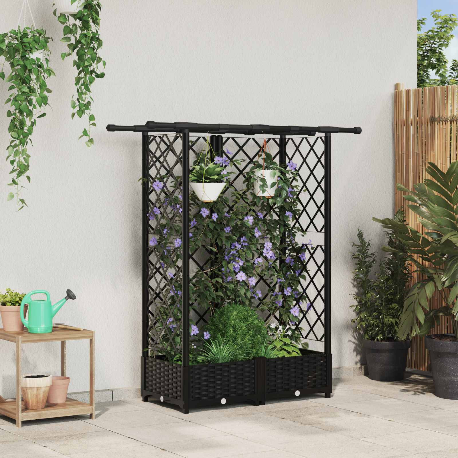 vidaXL Hochbeet mit Rankgitter und Dach Schwarz 124 x 40 x 121 cm PP
