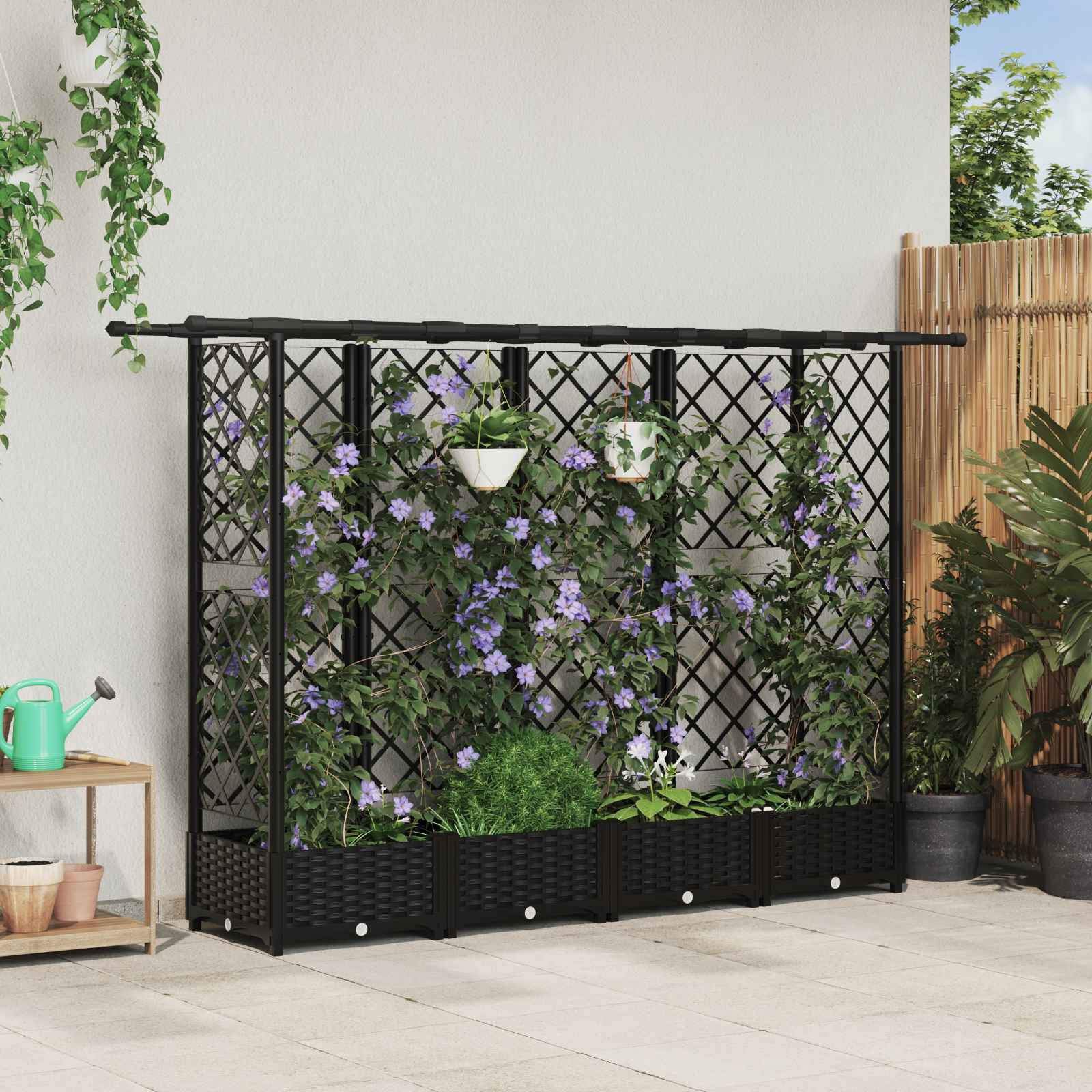 vidaXL Hochbeet mit Rankgitter und Dach Schwarz 202,5 x 40 x 121 cm PP