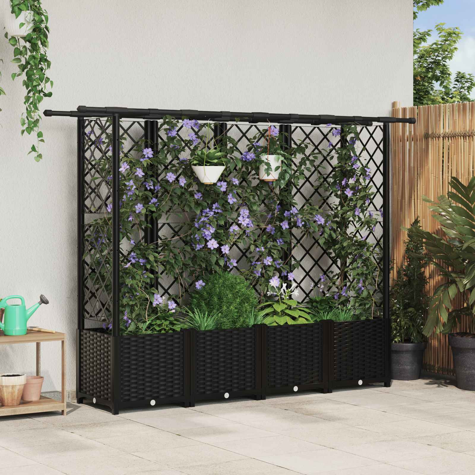 vidaXL Hochbeet mit Rankgitter und Dach Schwarz 202 x 40 x 136 cm PP