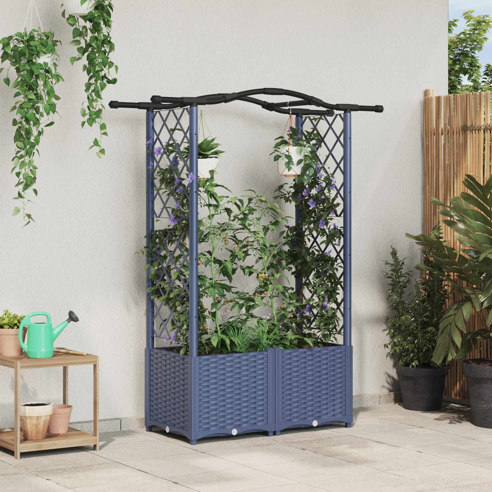 vidaXL Hochbeet mit Rankgitter und Dach Grau 125 x 40 x 138 cm PP